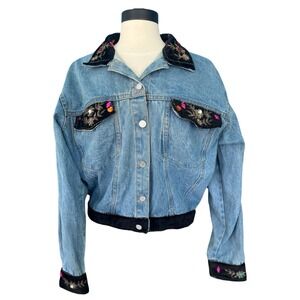 Vtg 90s JouJou Jewel Bling Blue Denim Jean Jacket Lrg Dopamine Maximalist Y2K